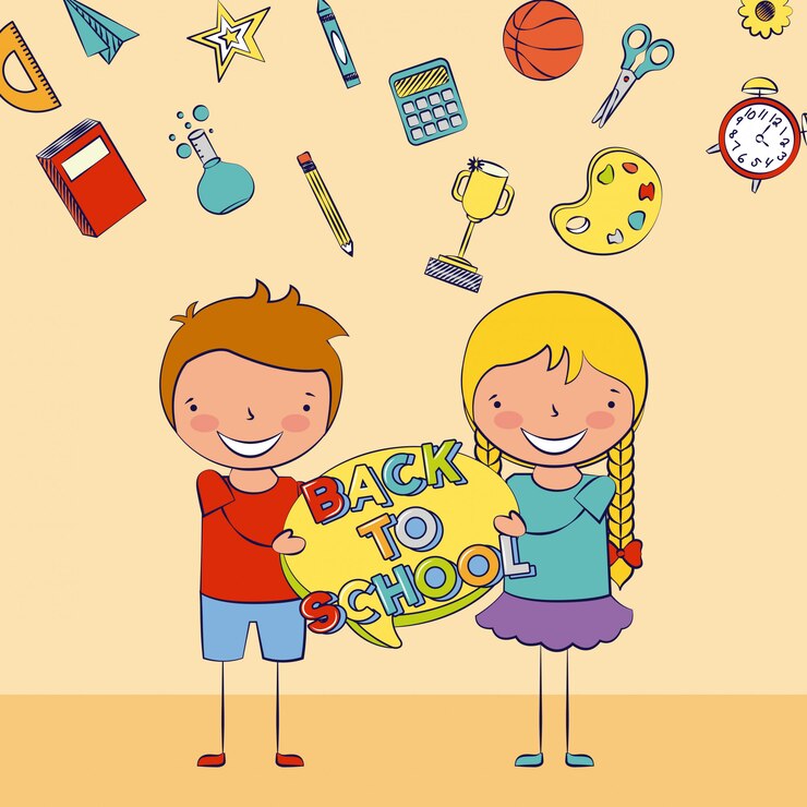 Free Vector two kids back to school with some school elements illustration