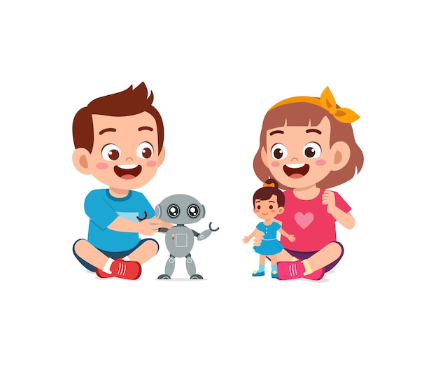 두 아이 소년과 소녀는 함께 로봇과 인형을 재생