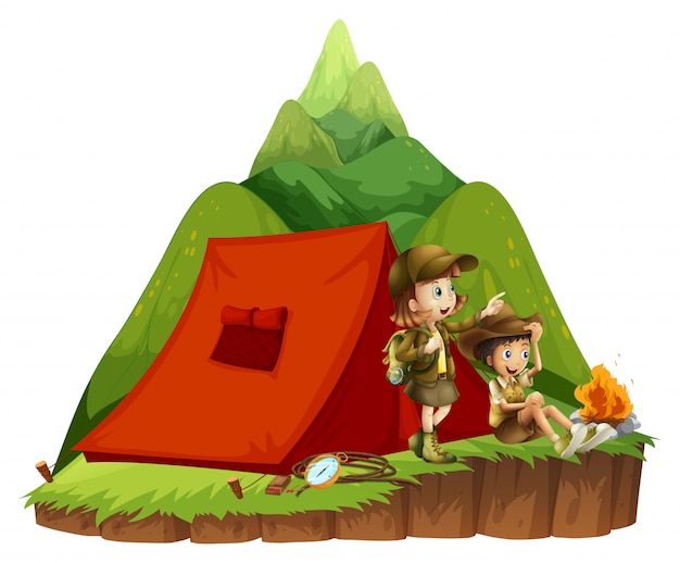 Two kids camping out in the mountain