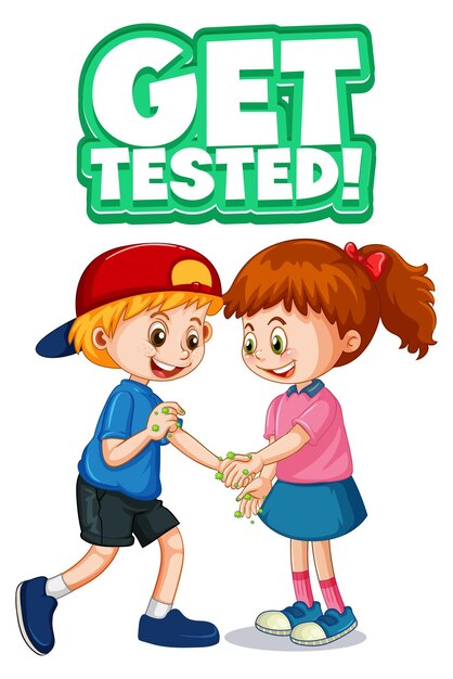 2人の子供の漫画のキャラクターは、白い背景で隔離されたテスト済みフォントを取得して社会的な距離を保ちません