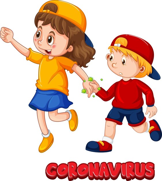 Двое детей мультипликационного персонажа не поддерживают социальную дистанцию с шрифтом Coronavirus, изолированным на белом