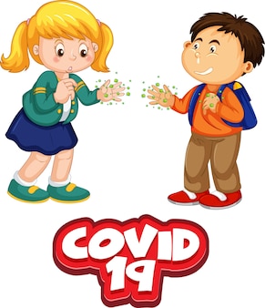 Il personaggio dei cartoni animati di due bambini non mantiene la distanza sociale con il carattere covid-19 isolato su sfondo bianco