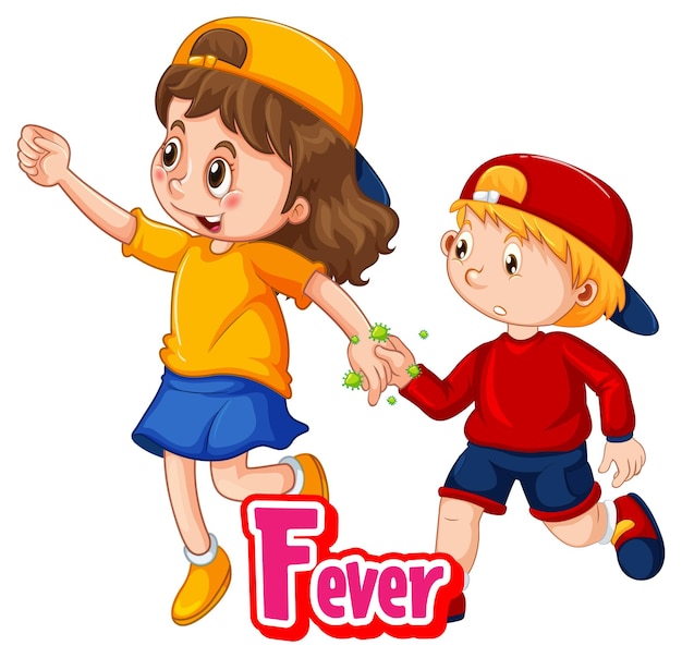 두 명의 어린이 만화 캐릭터는 흰색 배경에 격리된 Fever 글꼴로 사회적 거리를 유지하지 않습니다.