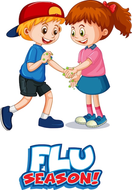 Il personaggio dei cartoni animati di due bambini non mantiene la distanza sociale con il carattere della stagione influenzale isolato su sfondo bianco