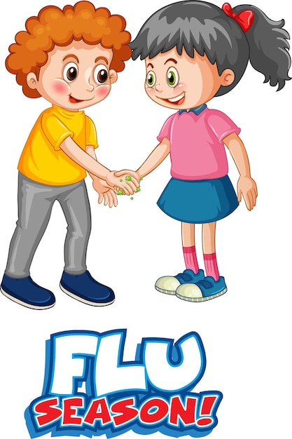 Free vector two kids cartoon character do not keep social distance with flu season font isolated on white background