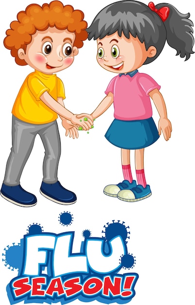 Free vector two kids cartoon character do not keep social distance with flu season font isolated on white background