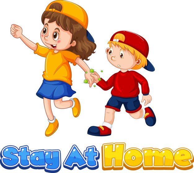 Two kids cartoon character do not keep social distance with Stay at Home font isolated on white background