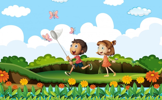 Free vector two kids catching butterflies in the park