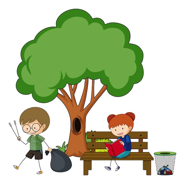 孤立した大きな木で異なる活動をしている2人の子供