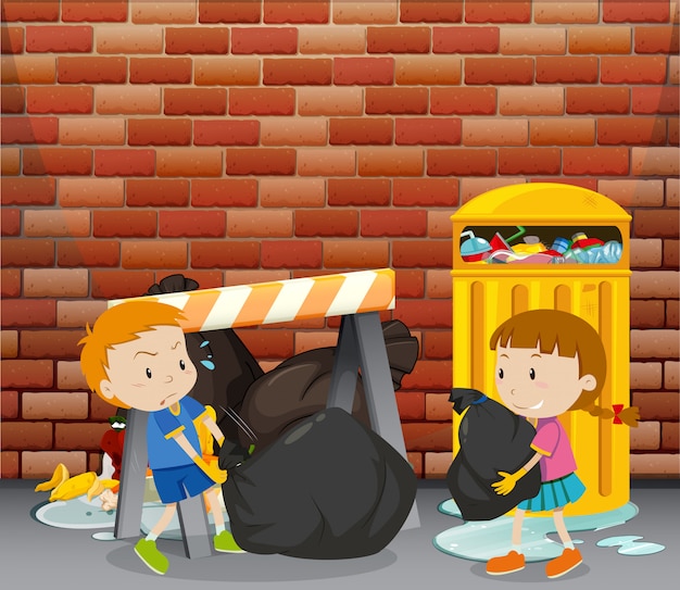 Two kids dumping trash by the trashcan