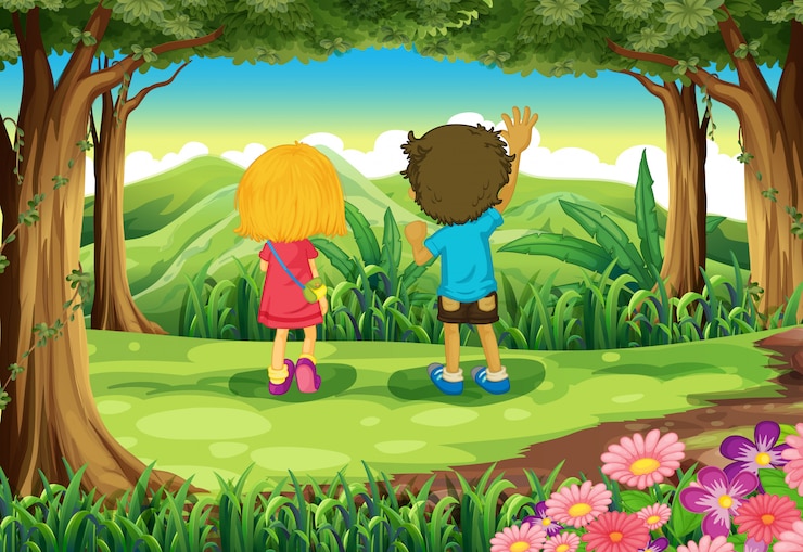 Free Vector two kids at the forest watching the mountains