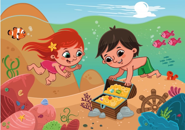 Двое детей нашли сундук с сокровищами во время ныряния. векторная иллюстрация