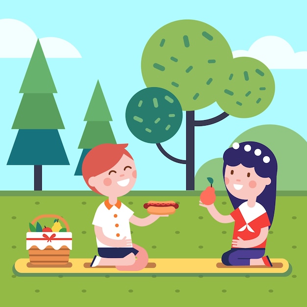 Vettore gratuito due bambini che hanno pranzo picnic all'erba del parco