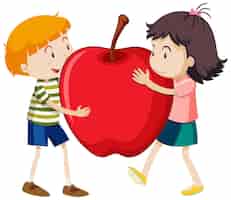 Бесплатное векторное изображение Двое детей вместе обнимают яблоко