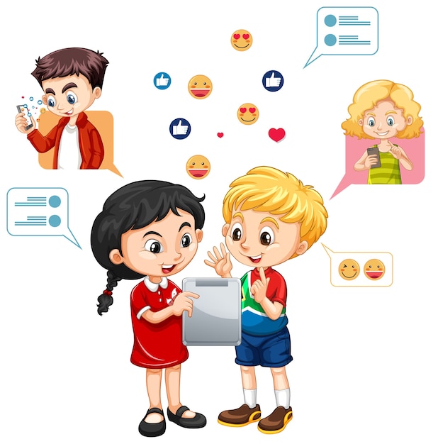 Free vector two kids learning on tablet with social media emoji icon cartoon style isolated on white background