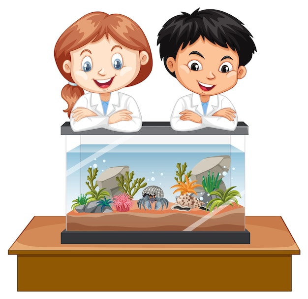 Two kids observe an aquarium fish tank