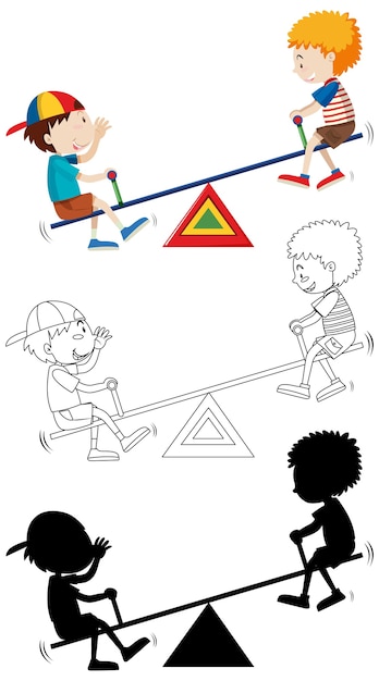 Two kids palying seesaw with its outline and silhouette