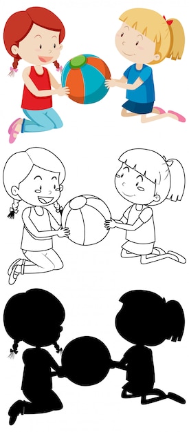 Бесплатное векторное изображение Двое детей играют в мяч в цвете и в общих чертах и силуэт