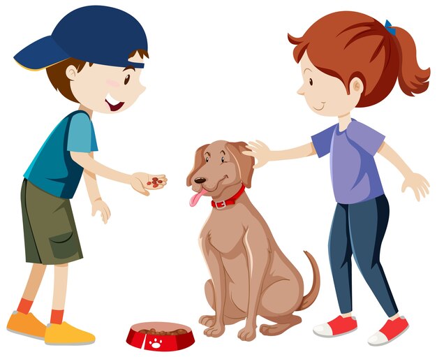 Двое детей тренируются и кормят свою собаку мультфильм изолированы
