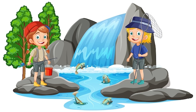 Free vector two kids in waterfall scene