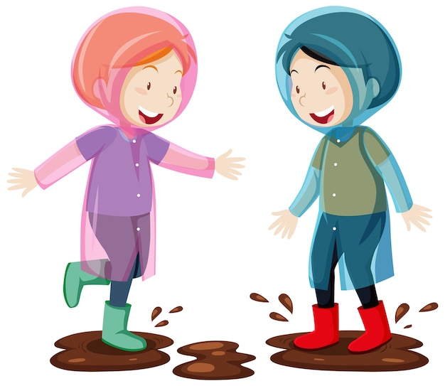 Бесплатное векторное изображение Двое детей в плаще прыгают в мультяшном стиле грязи, изолированном на белом