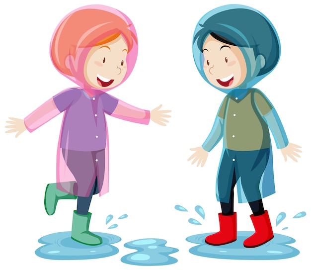 Two kids wearing raincoat jumping in puddles cartoon style isolated on white background