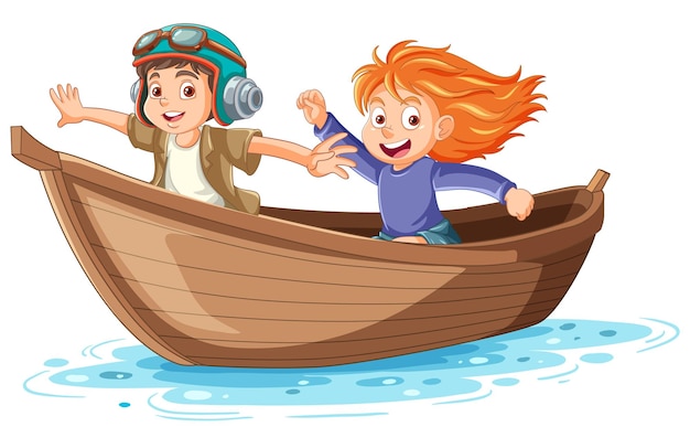 Free vector two kids on wooden boat