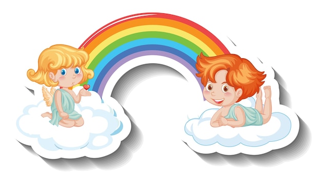 Two little cupids on rainbow in cartoon style