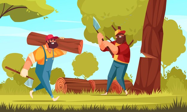 Two lumberjacks in forest chopping down trees with axes and piling logs on grass cartoon illustration