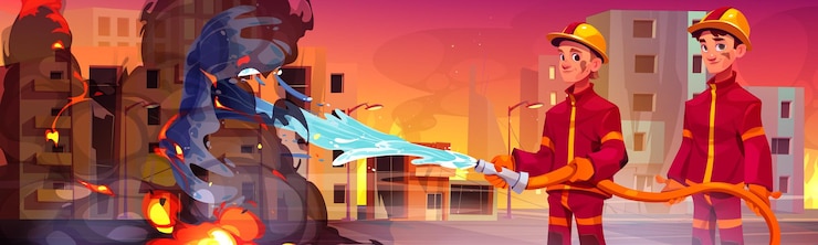 Free Vector two male firefighters in uniforms and helmets extinguish fire in city with water from hose cartoon vector illustration of quick response service to emergency and disaster firemen department at work