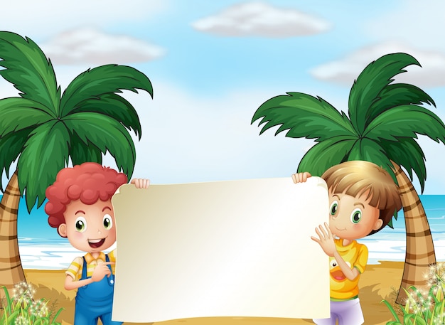 Free vector two male kids holding an empty signboard