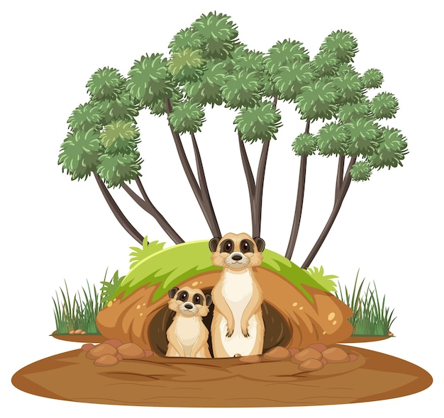 Free vector two meerkats with burrow in cartoon style