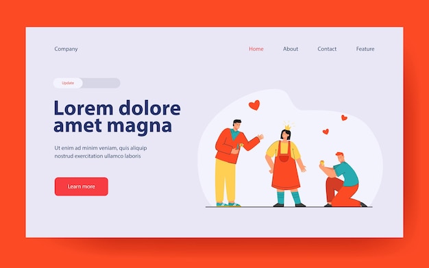 Two men courting woman landing page in flat style.