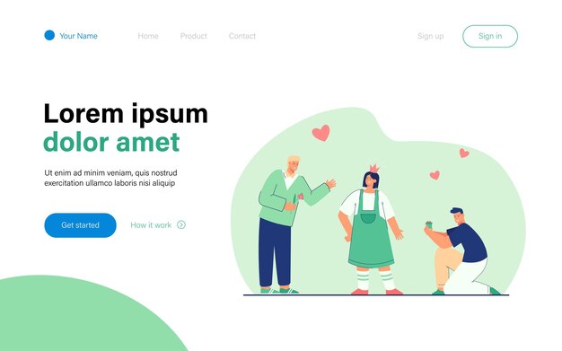 two men courting woman landing page template