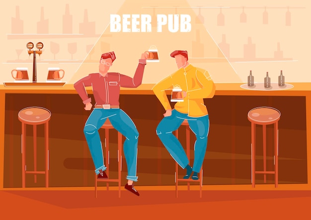 無料ベクター パブフラットのバーカウンターでビールを飲む2人の男性