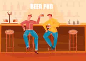 Free vector two men drinking beer at bar counter in pub flat