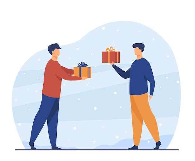 Free vector two men giving presents each other. friend, gift, party flat  illustration. cartoon illustration