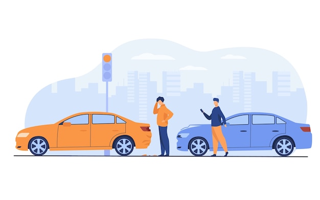 Free vector two men having car accident isolated flat vector illustration. cartoon people looking at automobile damage.