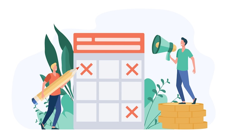 Free Vector two men and schedule for publications in social media. coin, blogger, pencil flat vector illustration. management and planning