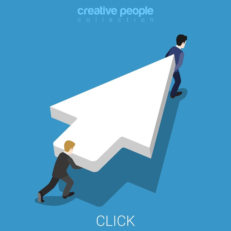 Free Vector two micro businessmen carry huge white mouse cursor pointer.