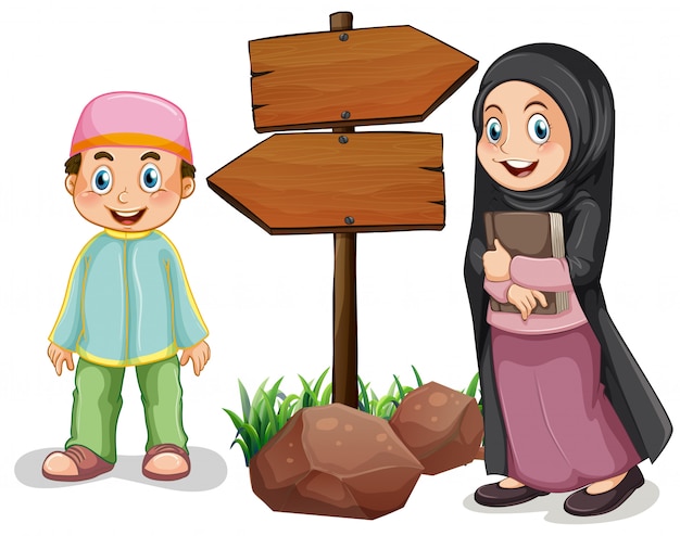 Free vector two muslim kids and wooden signs