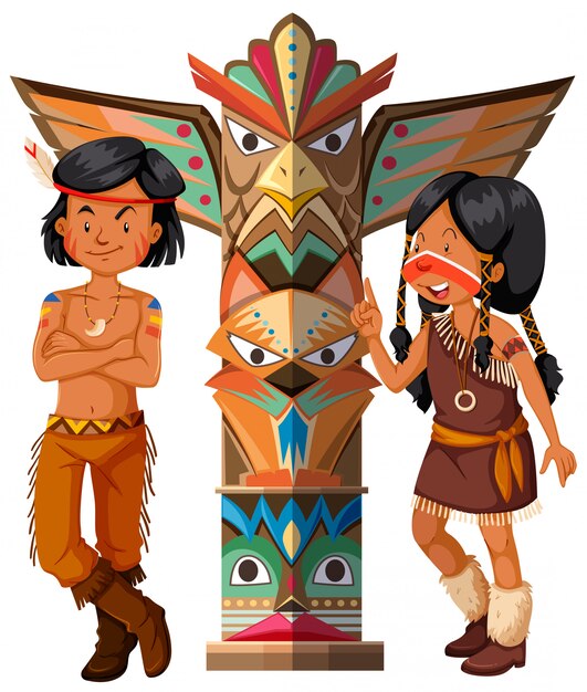 Two native americans and totem pole