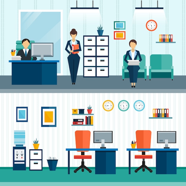Free vector two office interior compositions with interior furnishings in office and arrangement of furniture