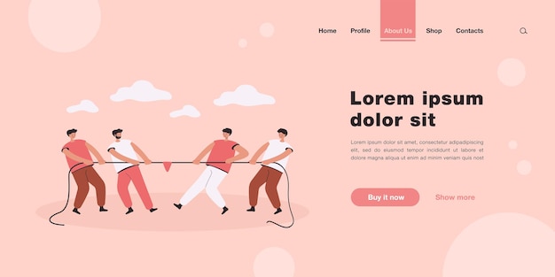 Two office teams of people pulling rope landing page in flat style