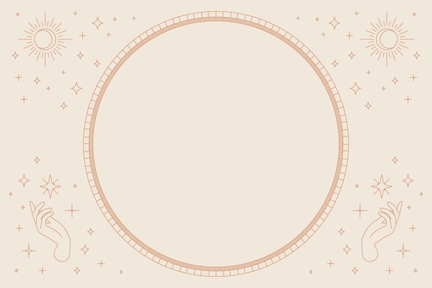 Two open hands vector round frame linear style on beige background