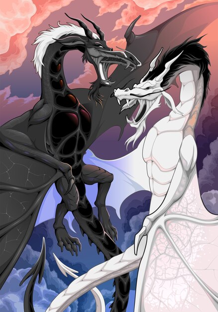 Two opposite dragons fights each others fantasy illustration