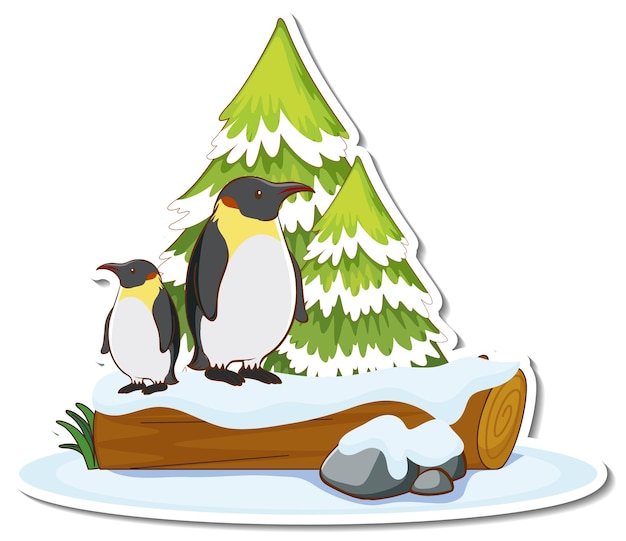 Free vector two penguins stand by pine tree covered with snow sticker