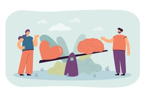 Two people comparing logic and love with seesaw isolated flat illustration