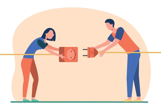 Бесплатное векторное изображение Два человека подключают вилку к розетке. мужчина и женщина тянут шнуры с розеткой и вилкой на плоской иллюстрации