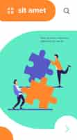 Free vector two people connecting puzzle parts. colleagues or partners working on solution together flat vector illustration